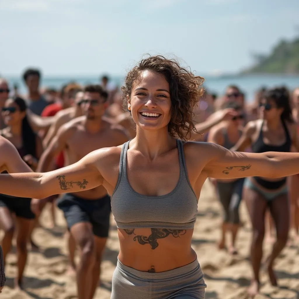 Evento comunitário de fitness na praia