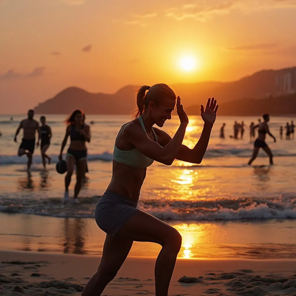 Pessoas treinando em uma praia brasileira ao pôr do sol